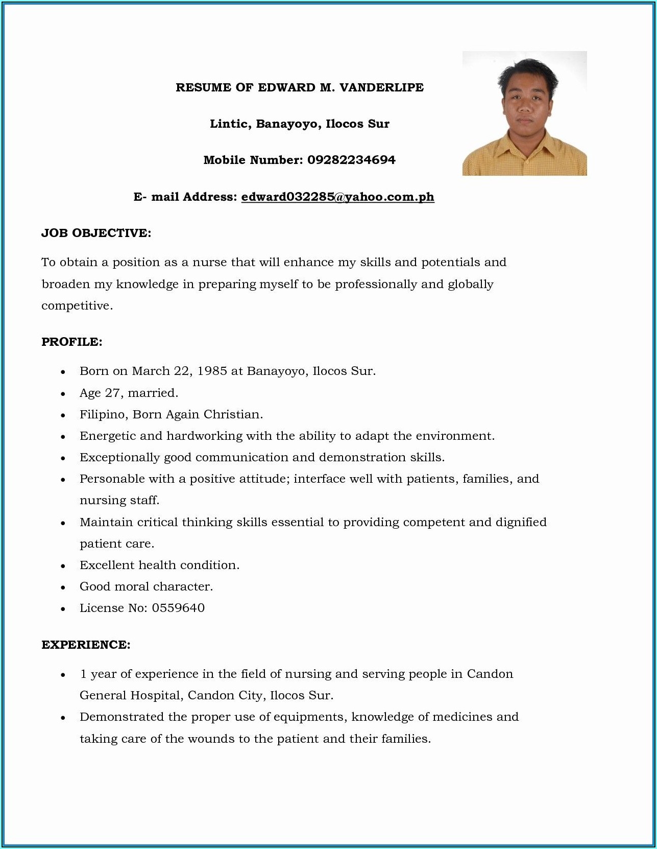 Resume Format For Nursing Staff