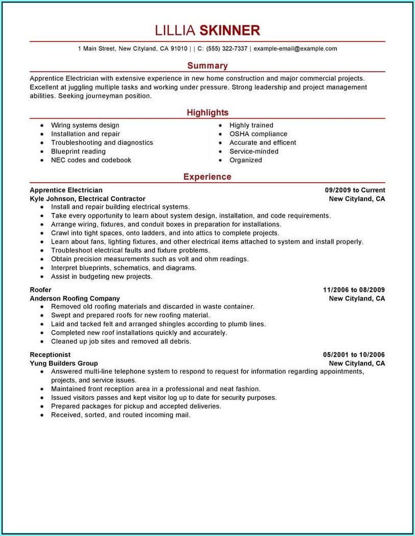 Resume Template For Electrician Apprentice