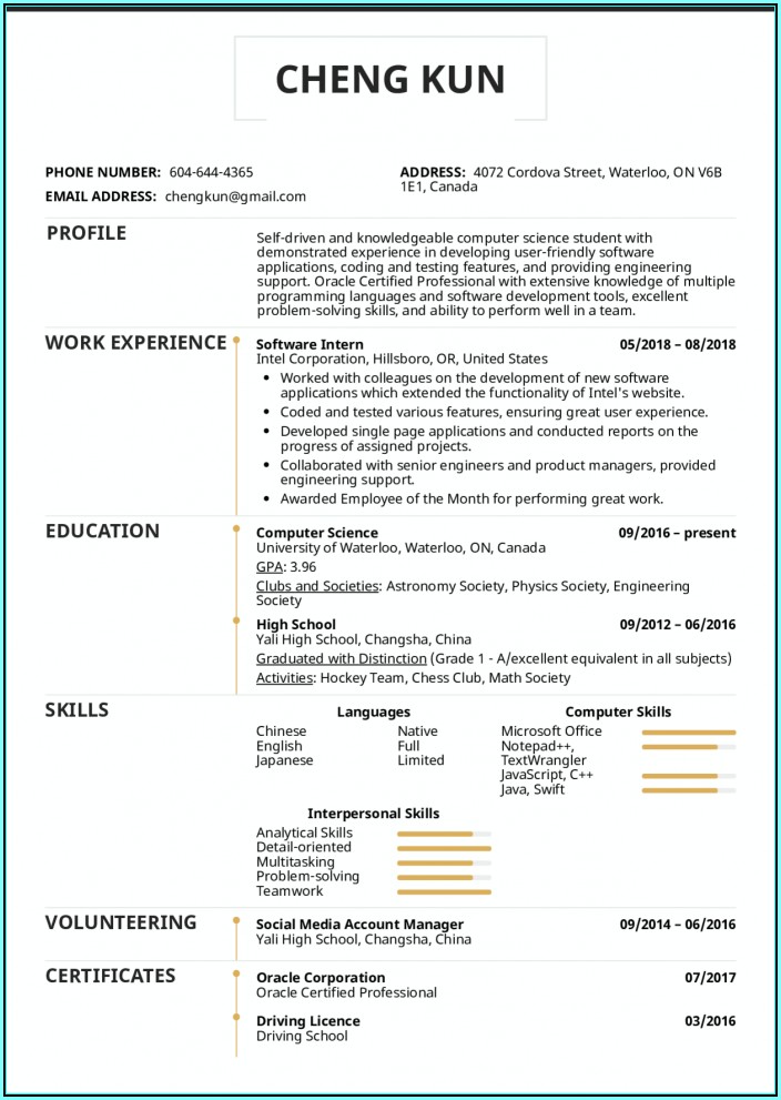 Resume Template For Students In High School