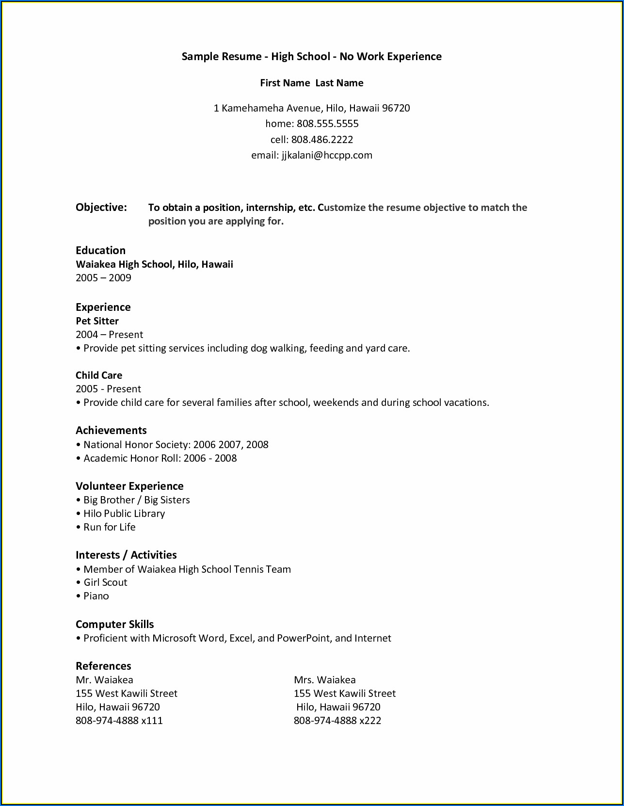 Resume Templates For Students In High School With No Experience