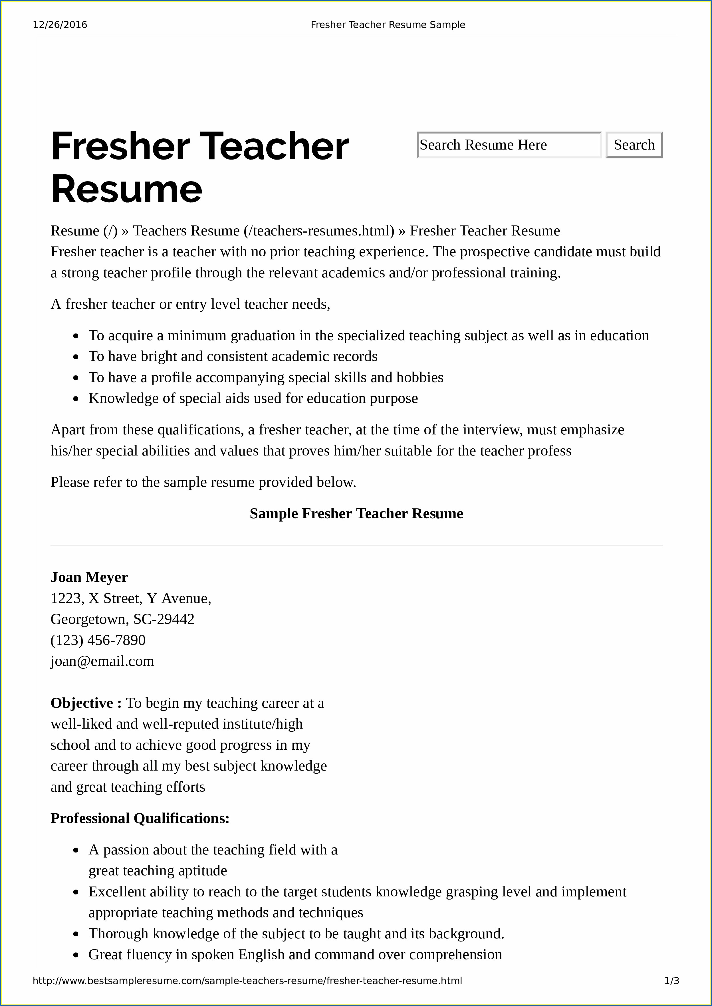 Resumes For Teachers With No Experience