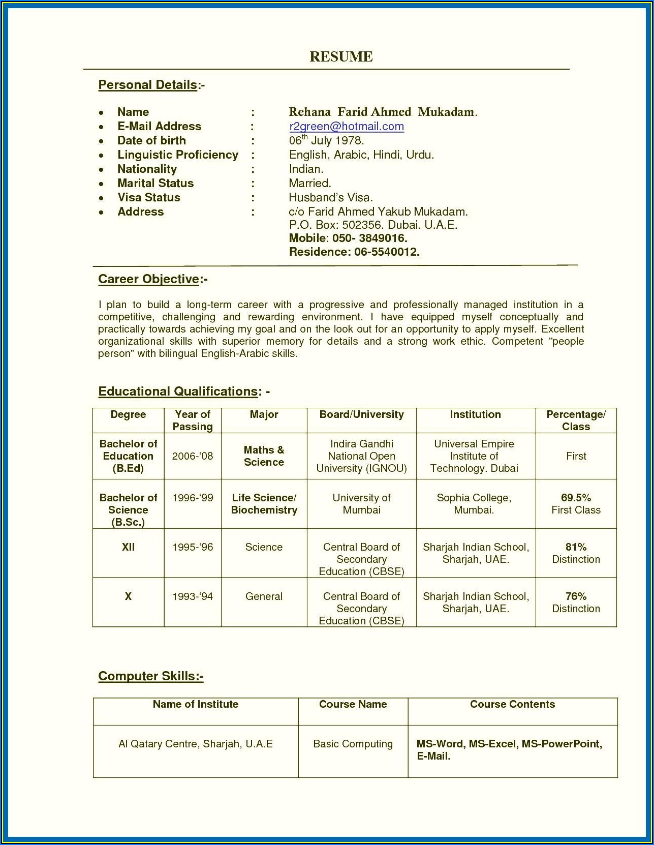 Sample Resume For Teachers With Experience In India