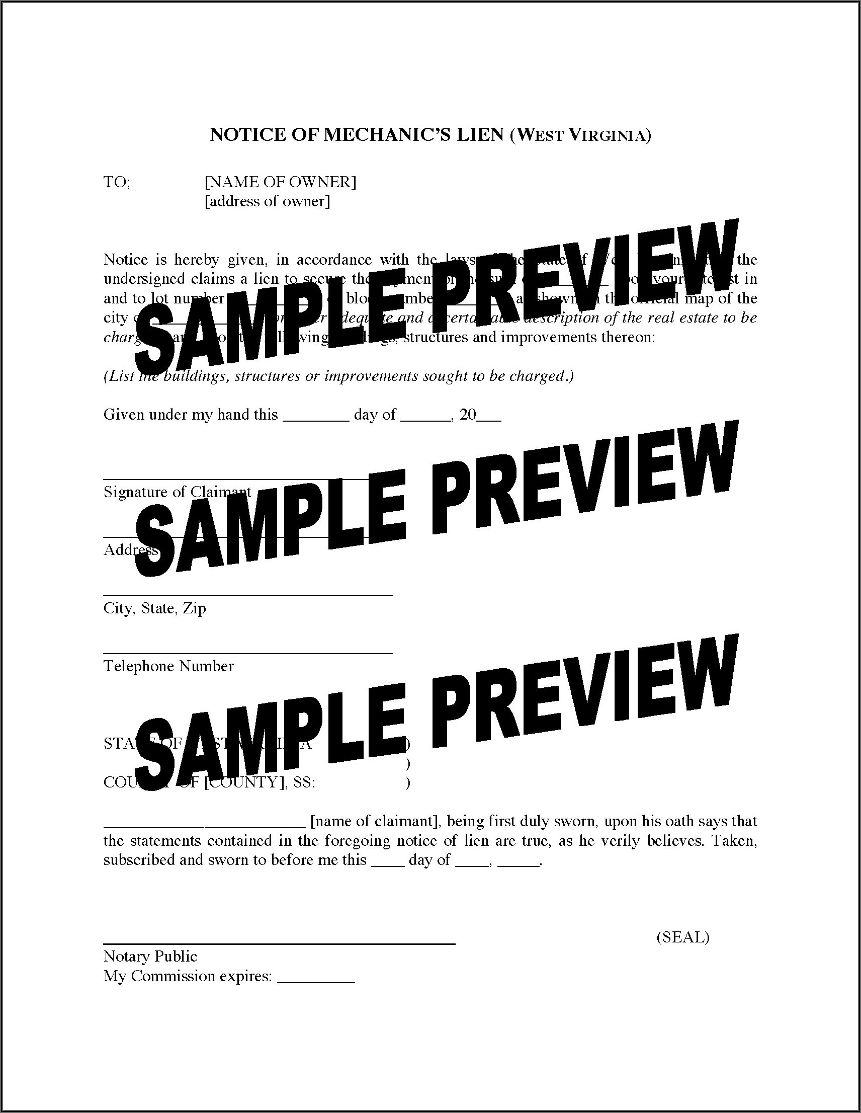 State Of Virginia Mechanic's Lien Form