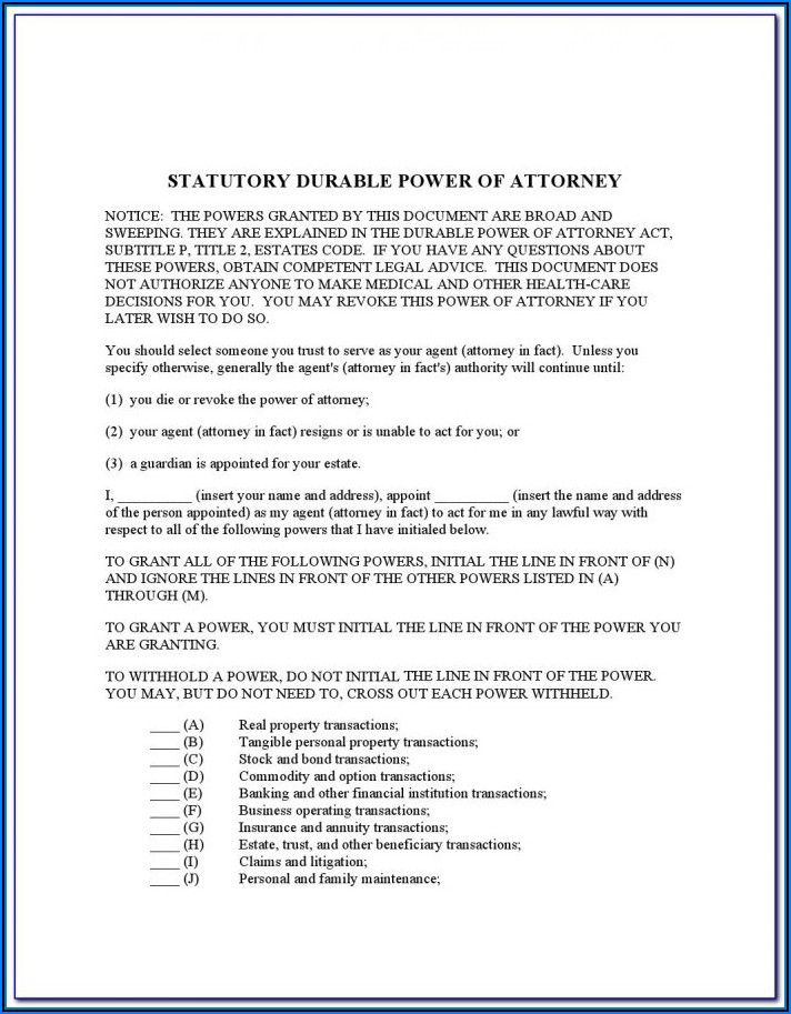 Statutory Durable Power Of Attorney Texas Form Free