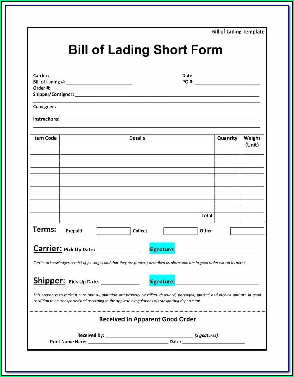 Straight Bill Of Lading Template