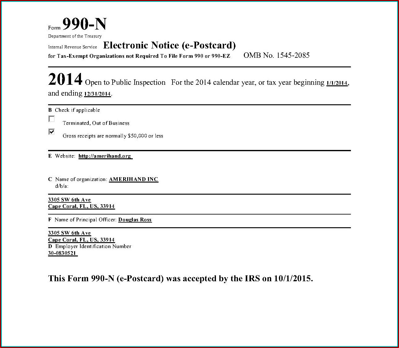 2013 Irs Form 990 N (e Postcard)