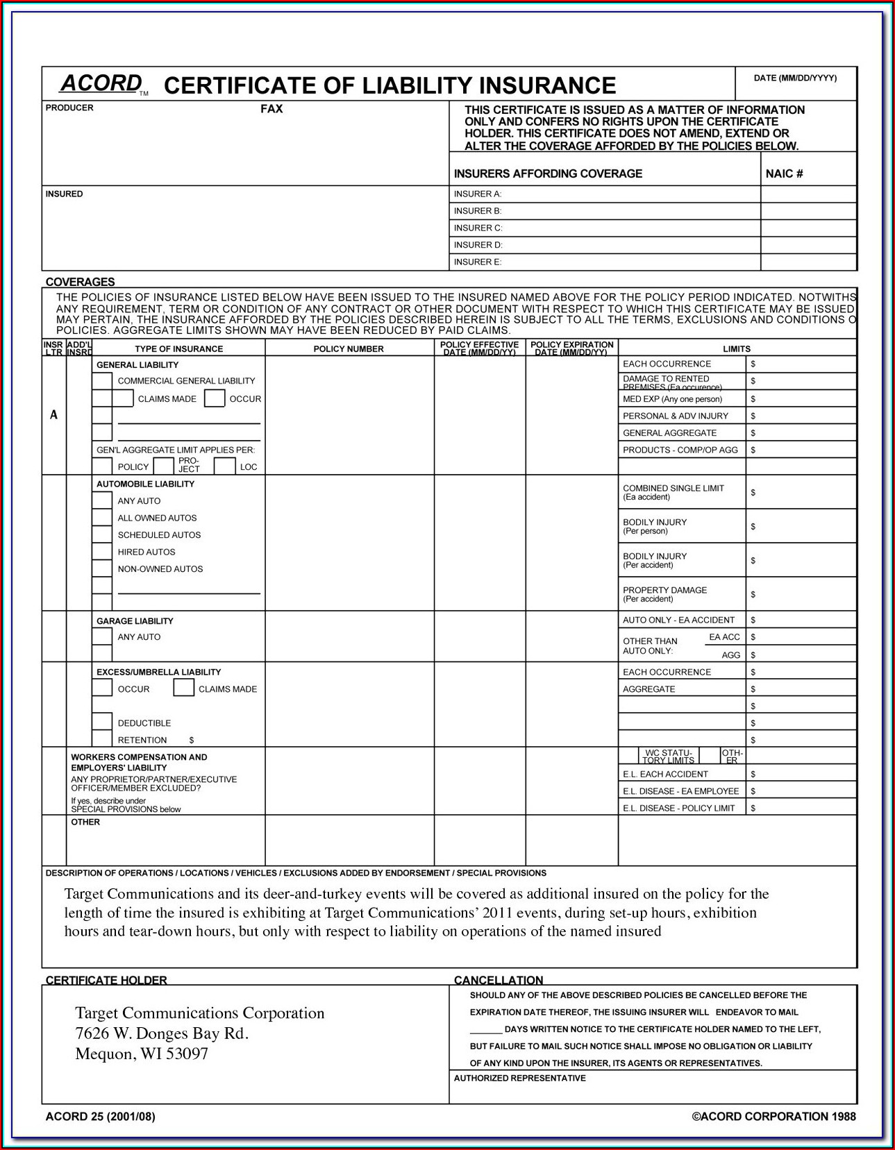 Acord Certificate Of Insurance Form Pdf
