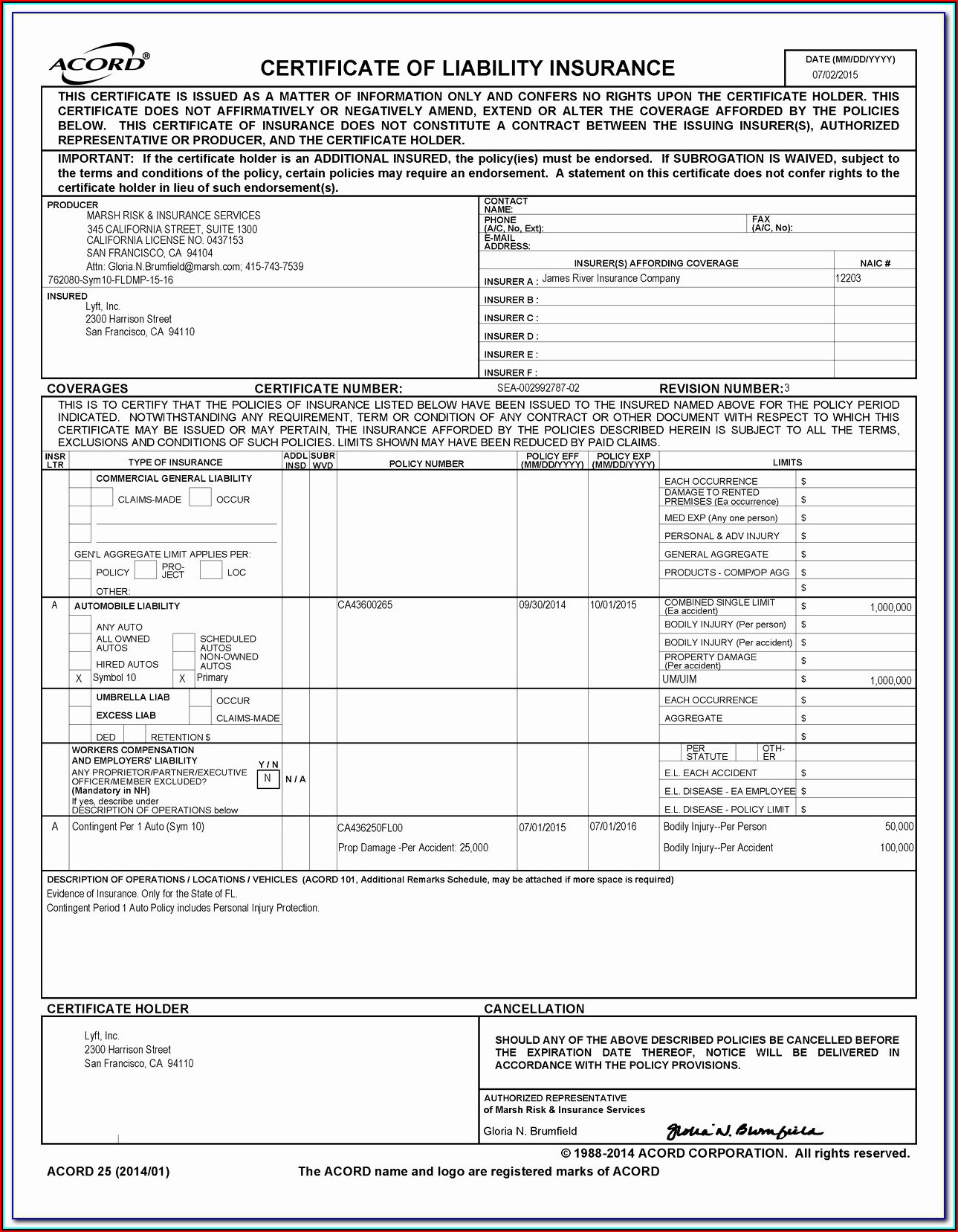 Acord Certificate Of Insurance Form Template