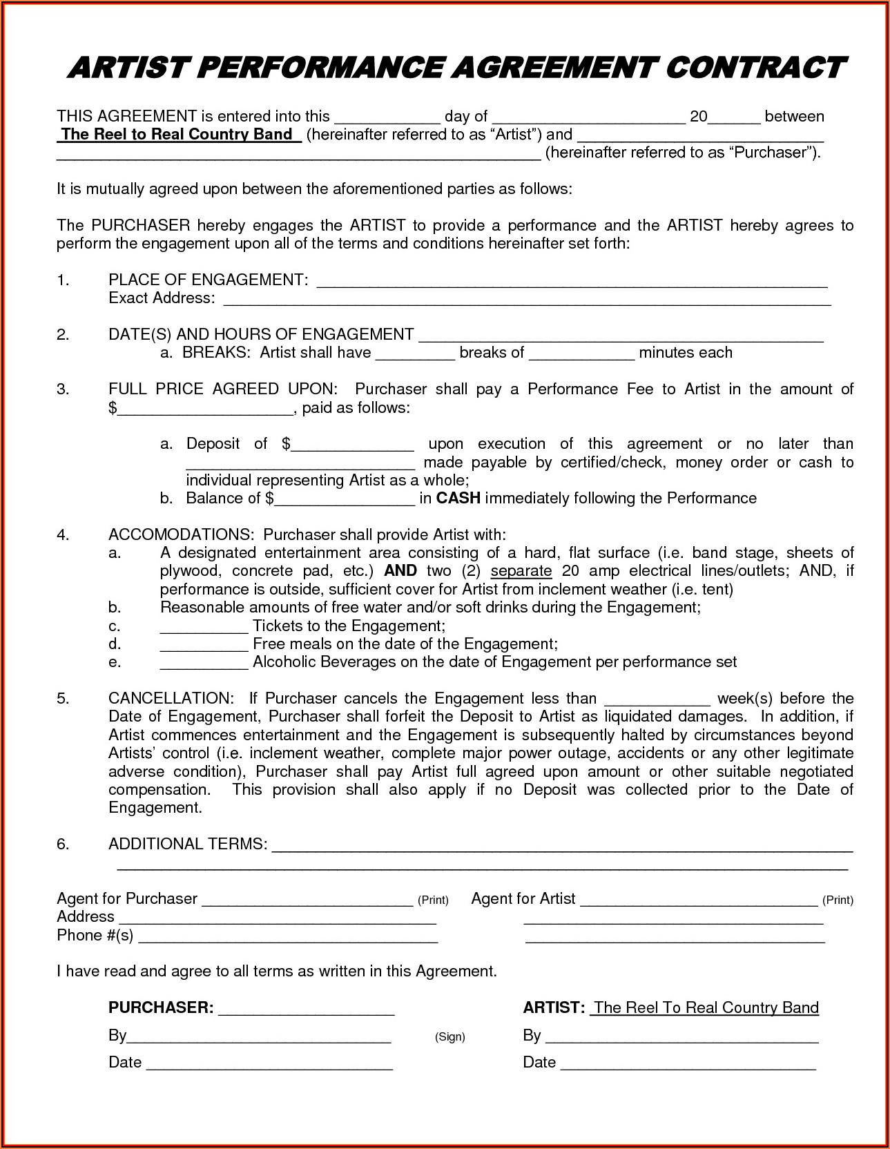 Artist Performance Agreement Contract Template