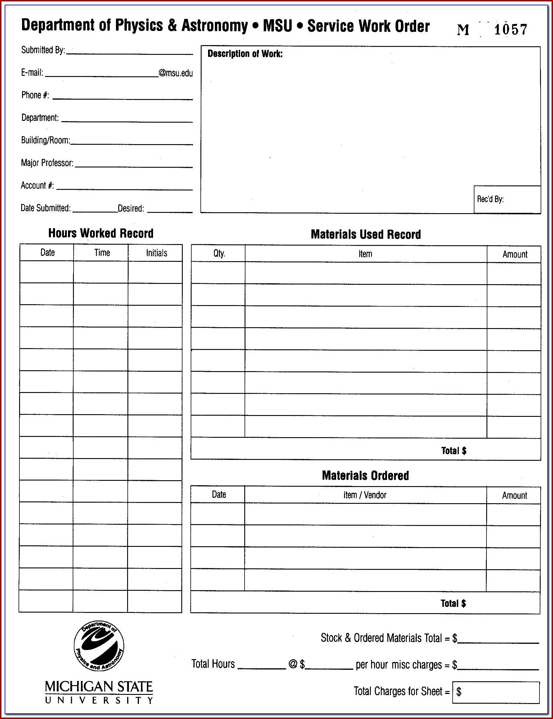 Printable Auto Repair Work Order Template