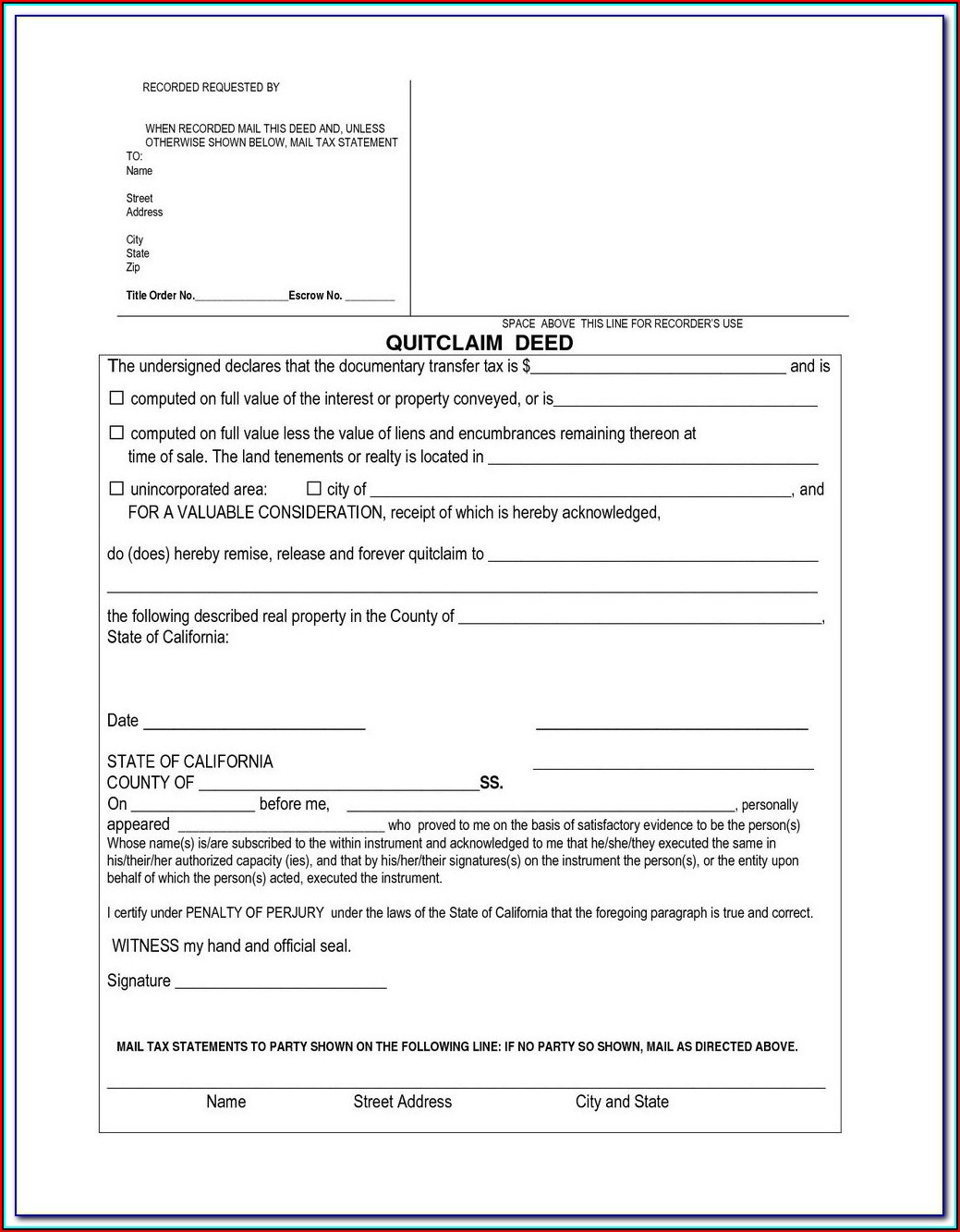Baltimore City Quit Claim Deed Form