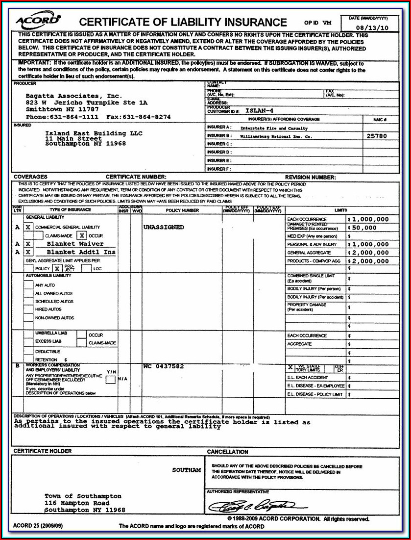 Blank Acord Certificate Of Insurance Form