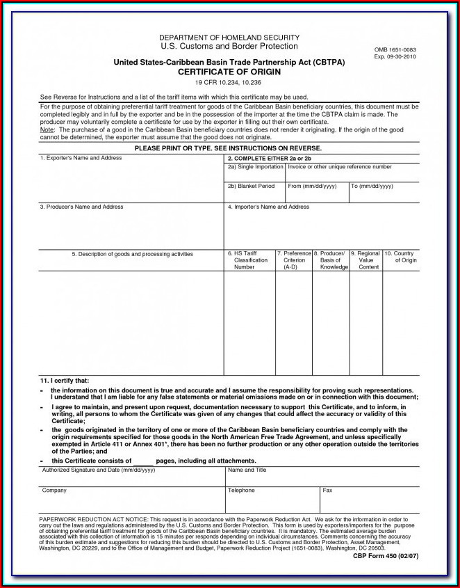 Blank Certificate Of Origin Forms