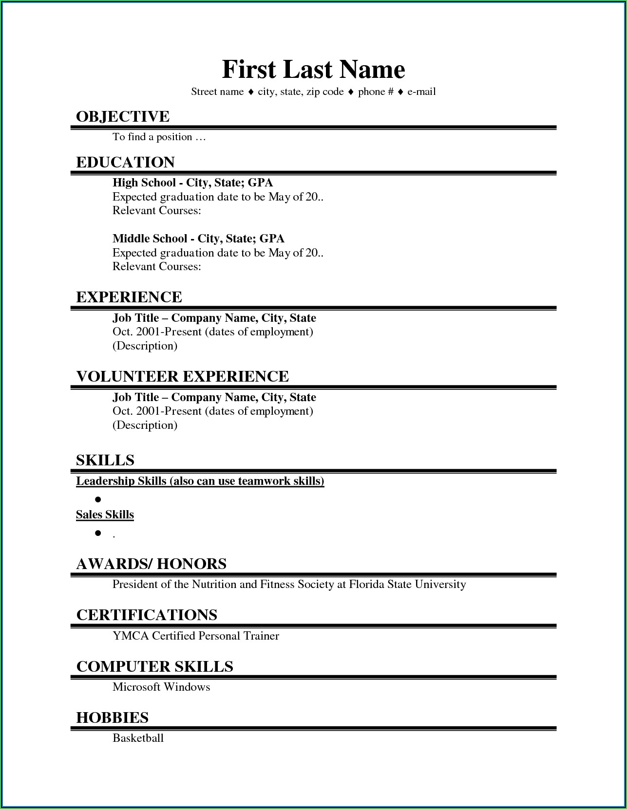 Blank Template For Resume