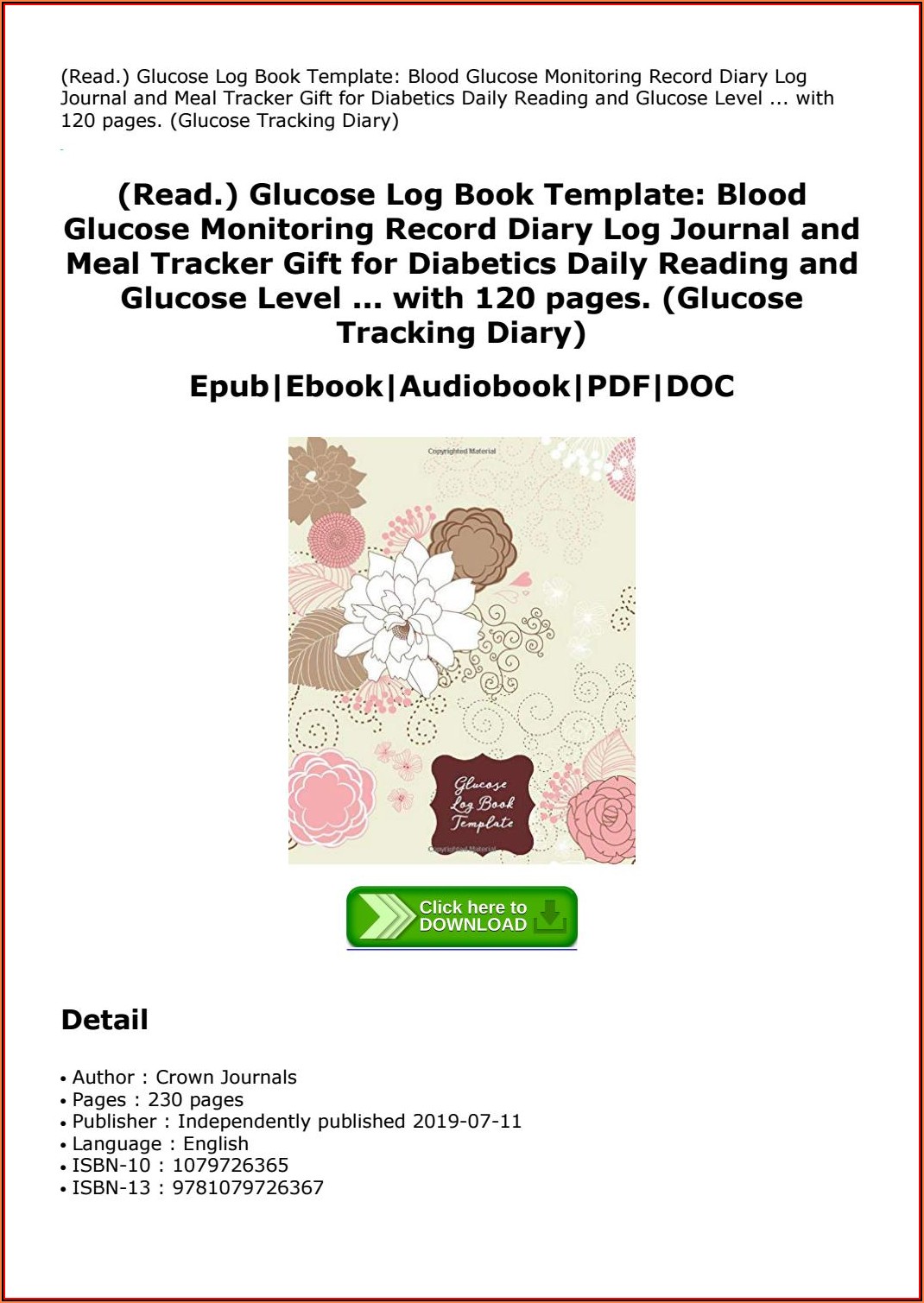 Blood Glucose Log Book Template