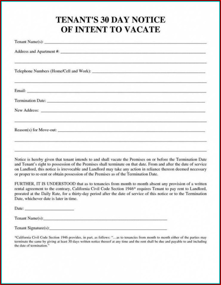 California Landlord 30 Day Notice To Vacate Form