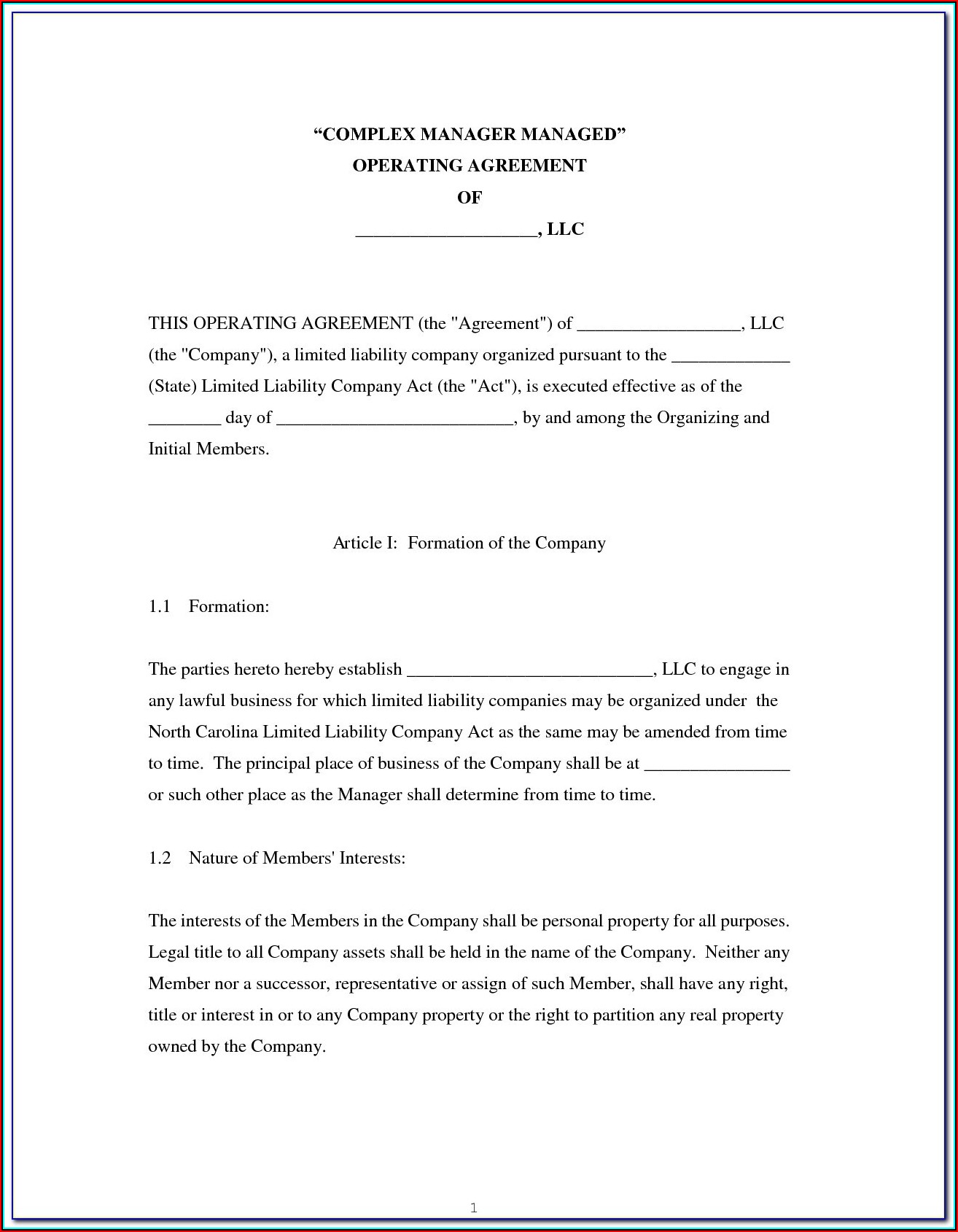 California Short Form Llc Operating Agreement