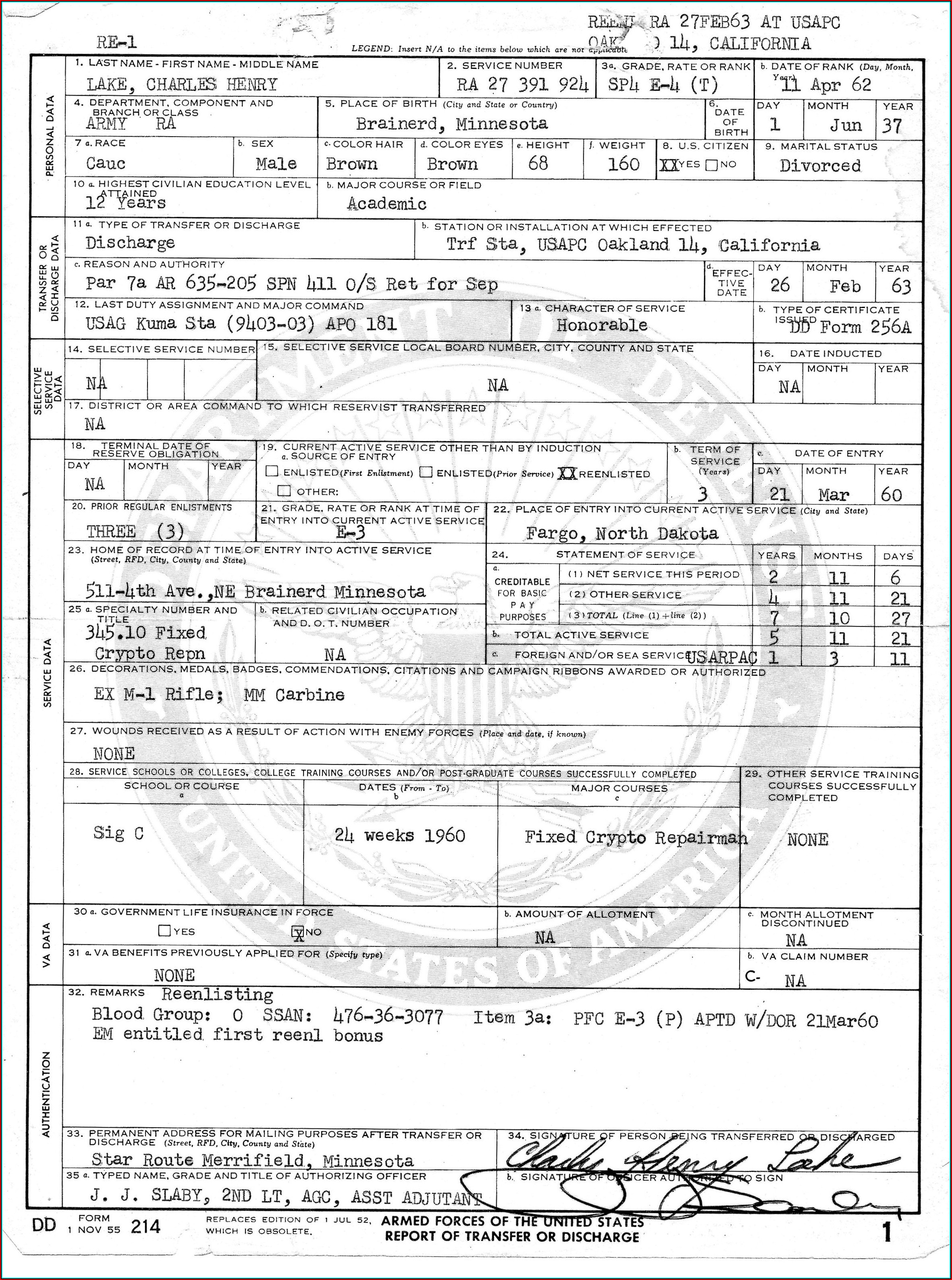 Copy Of Military Form Dd 214