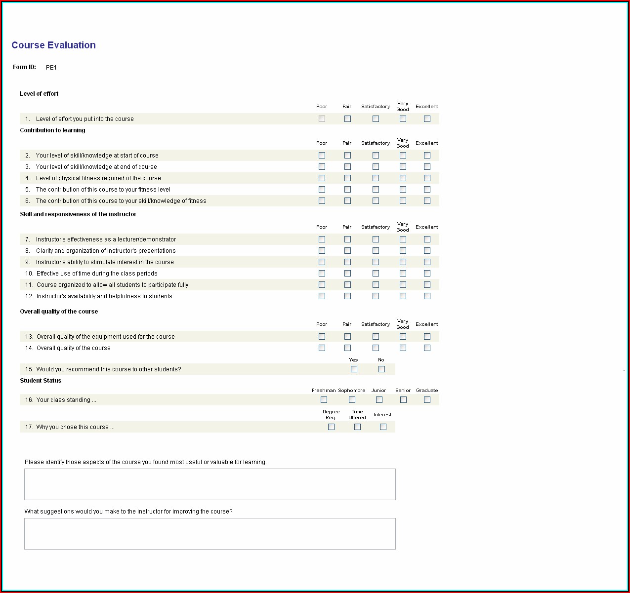 Example Of Course Evaluation Form