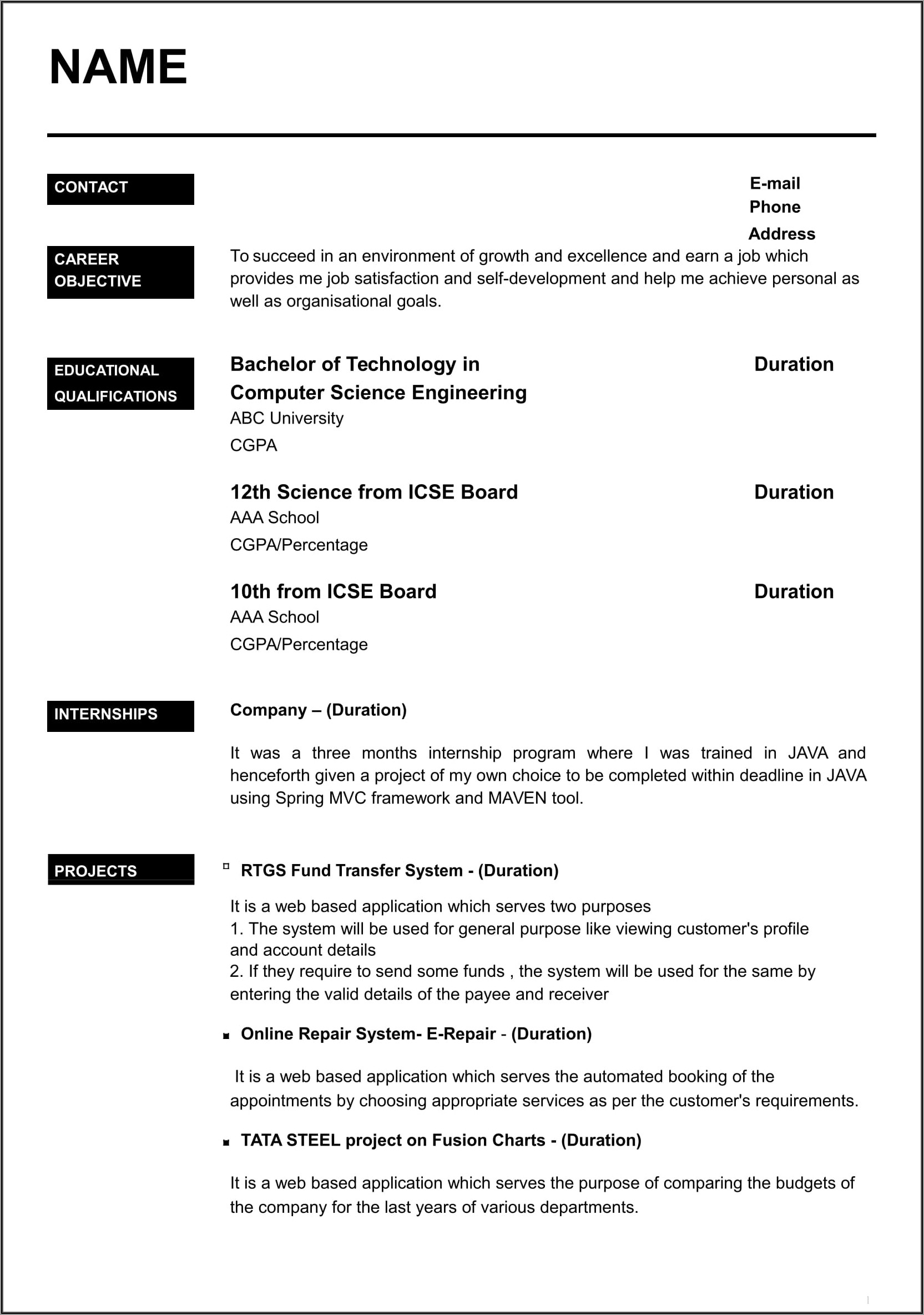Format Of Resume Writing For Fresher
