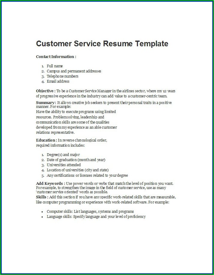 Free Customer Service Resume Template Downloads