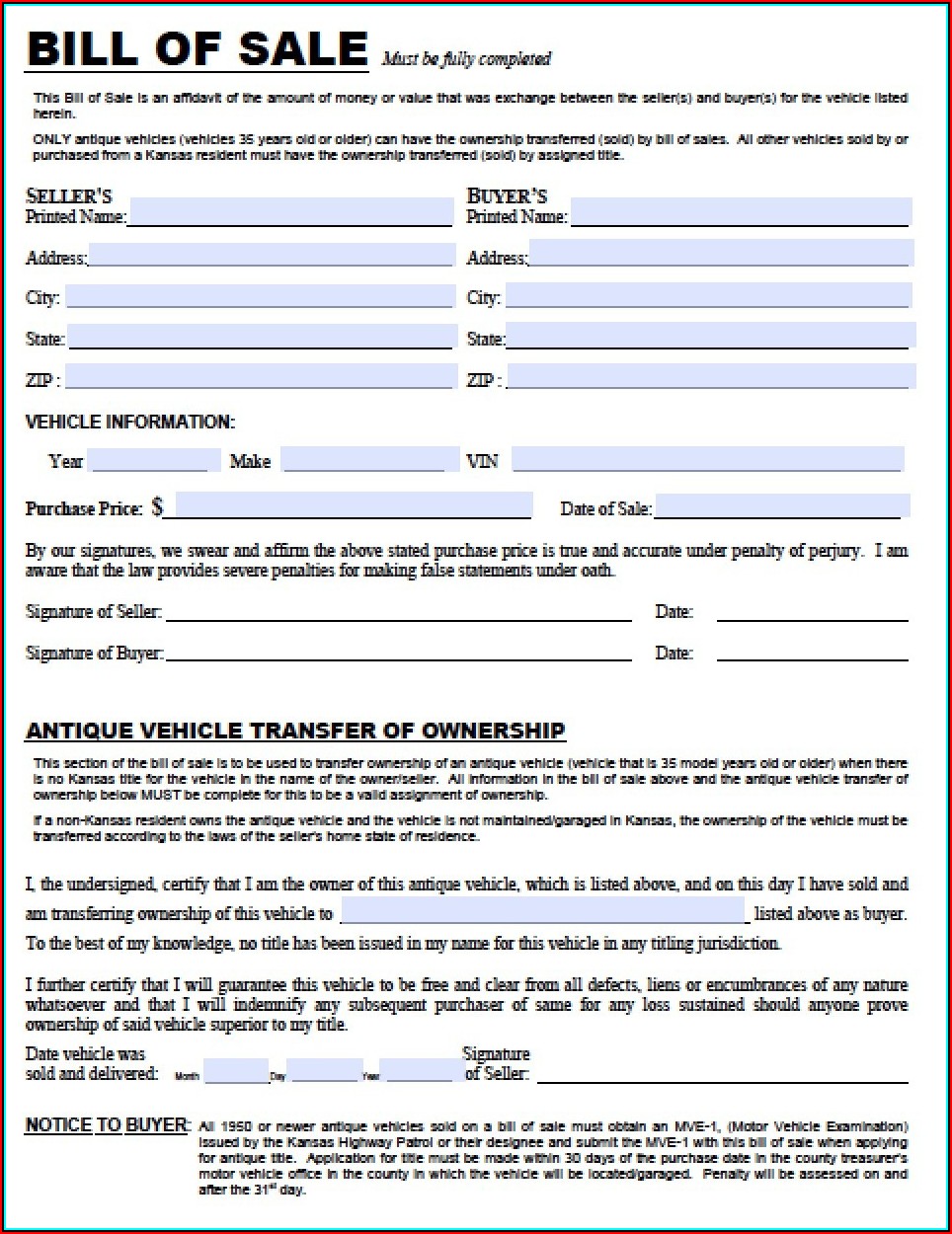 Free Kansas Auto Bill Of Sale Form