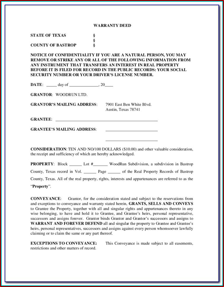 Free Texas Deed Without Warranty Form