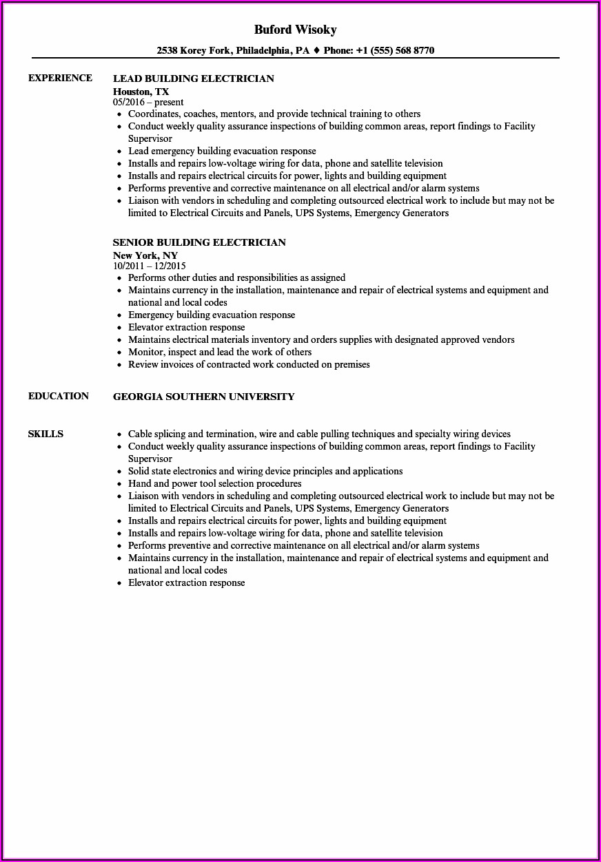 Good Resume For Electrician