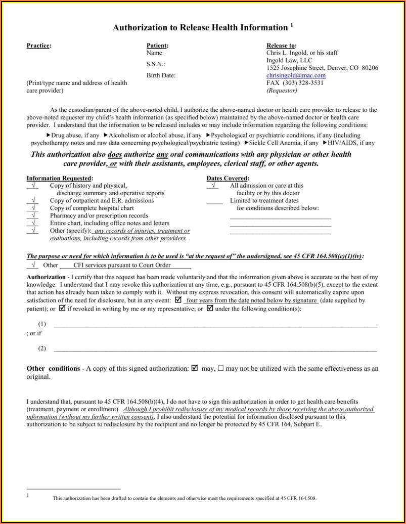 Hipaa Compliant Authorization Form Pursuant To 45 Cfr 164.508