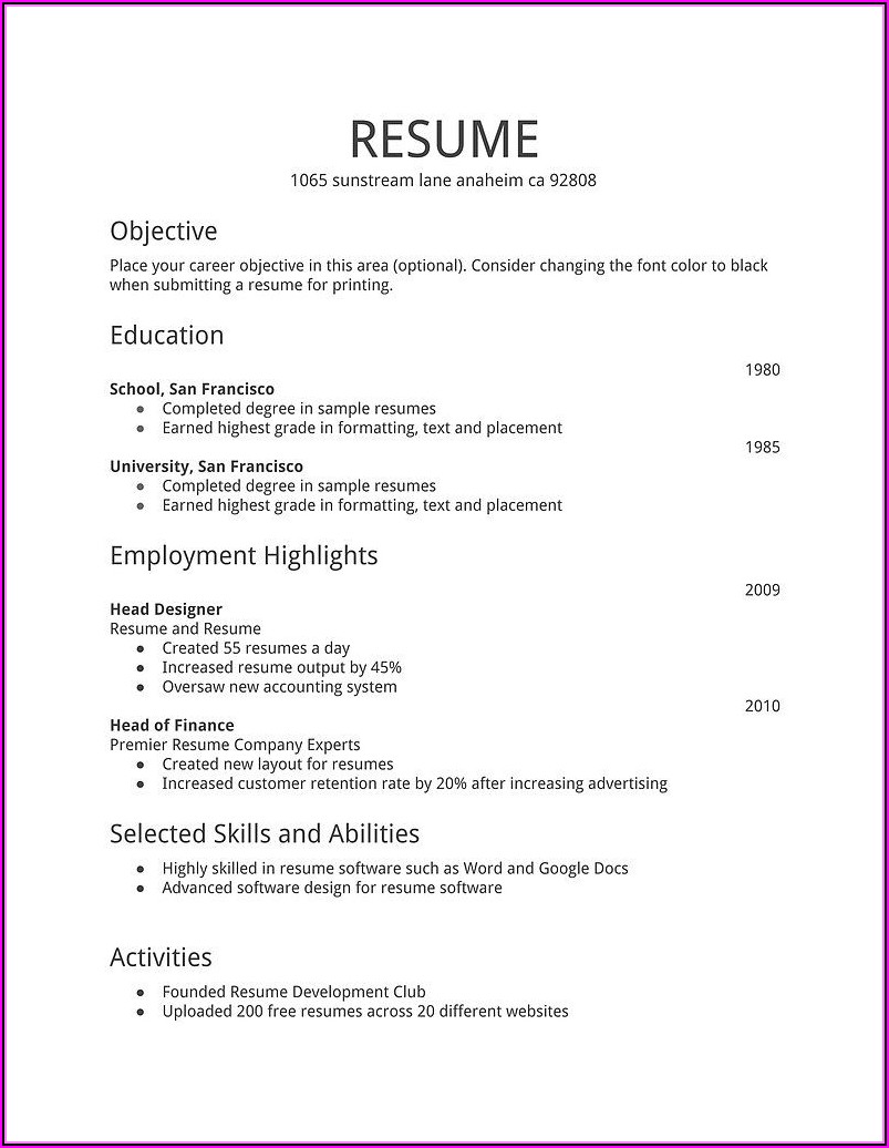 Job Resume Template Free Download