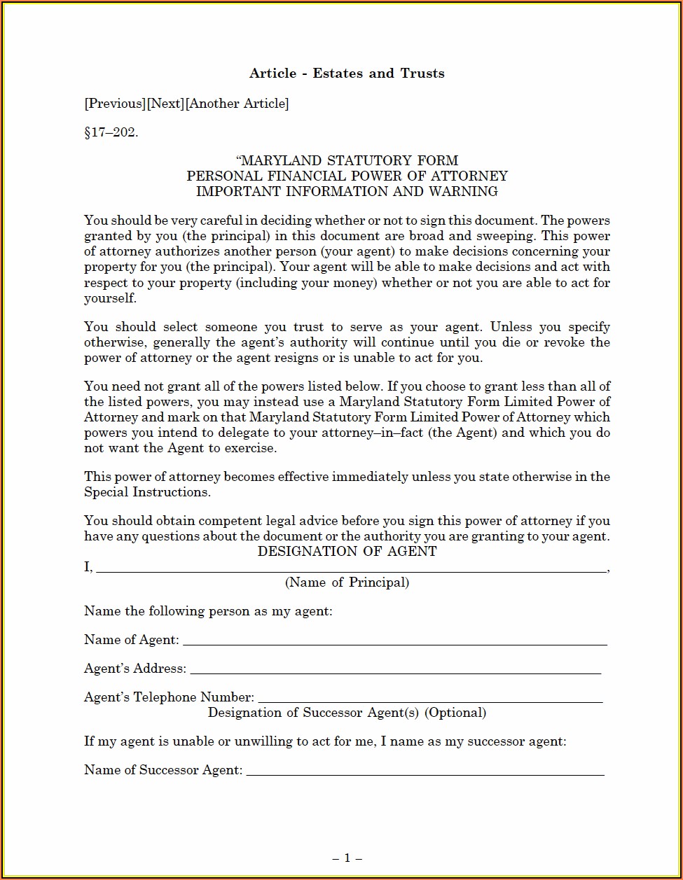 Maryland Durable Power Of Attorney Form Free