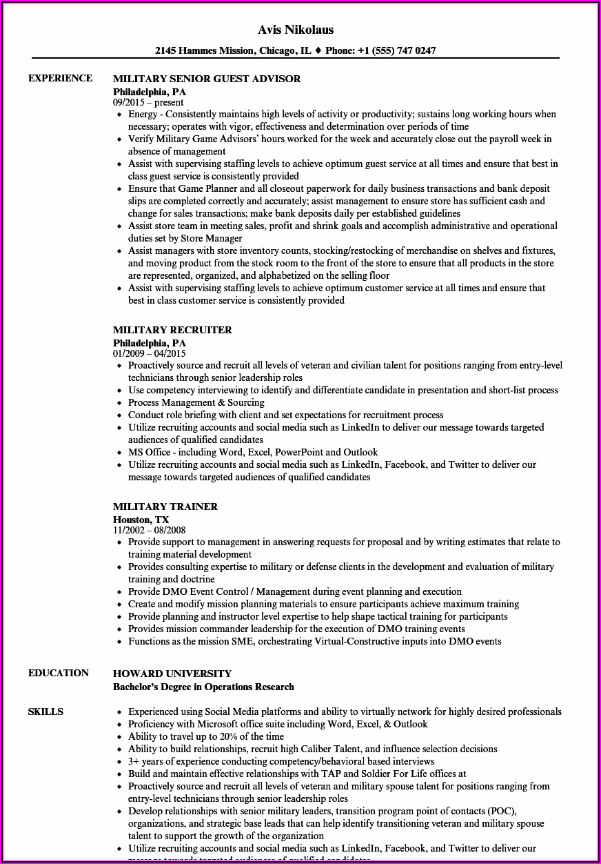 Military Job Descriptions For Resume