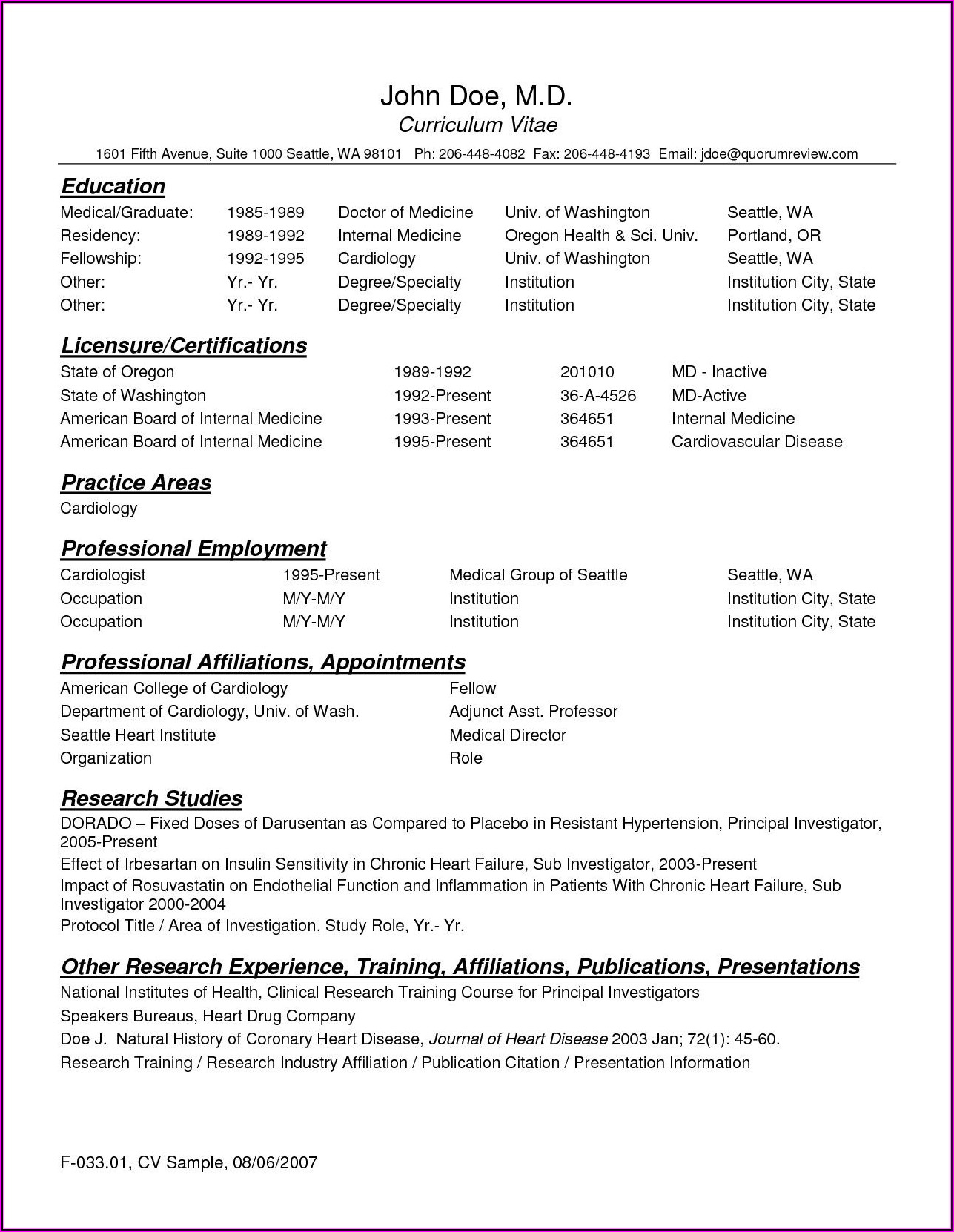 Physician Resume Template Word