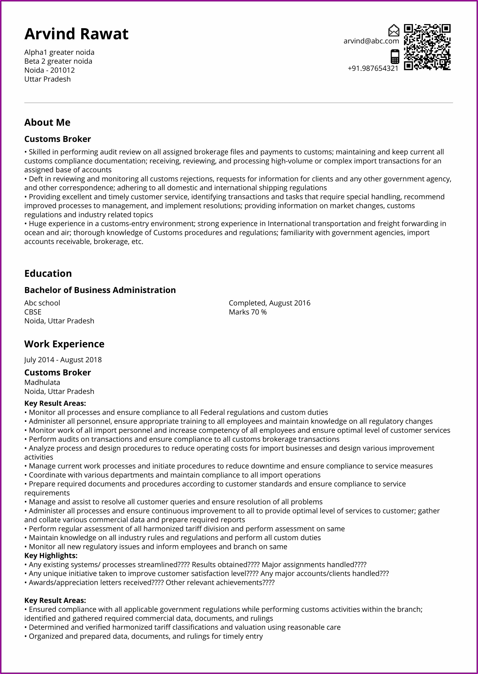 Resume For Freight Forwarding Company