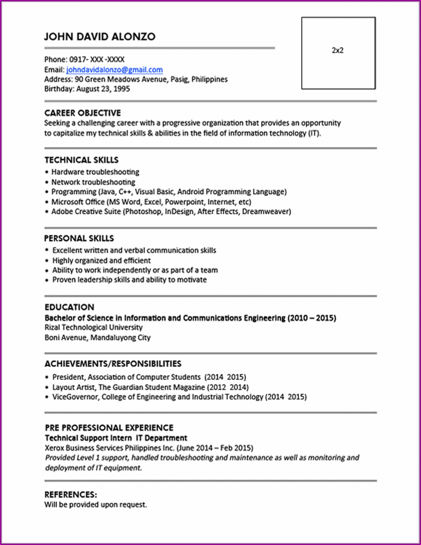 Resume Format For It Professional Freshers