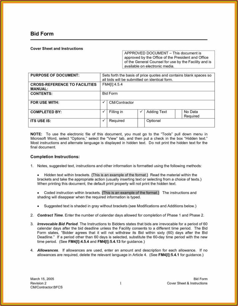 Sample Construction Bid Proposal Form