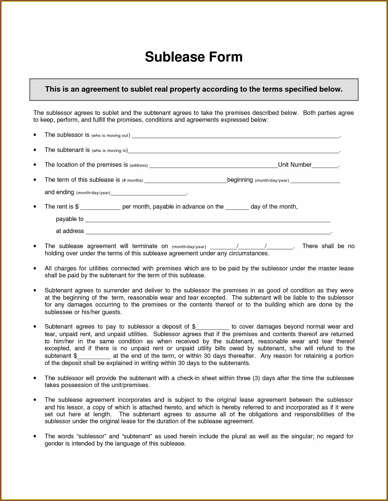 Simple Sublet Agreement Form