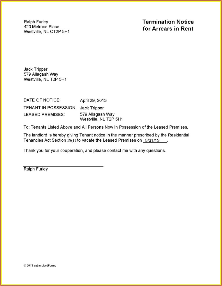 Tenant Eviction Notice Sample Letter
