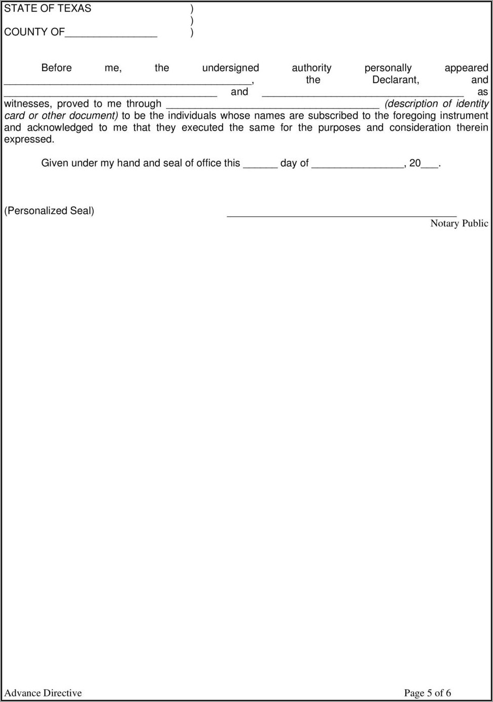 Texas Statutory Advance Medical Directive Form