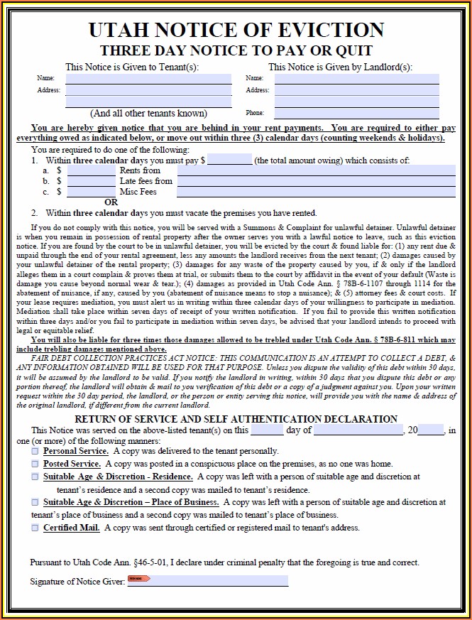Utah 3 Day Eviction Notice Form