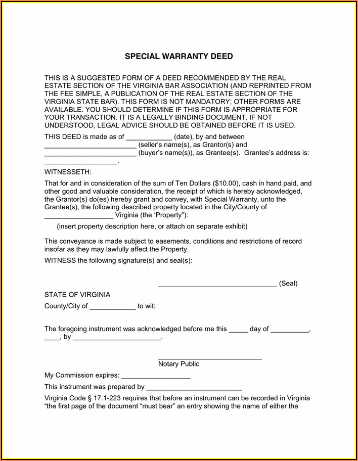 Virginia Special Warranty Deed Form