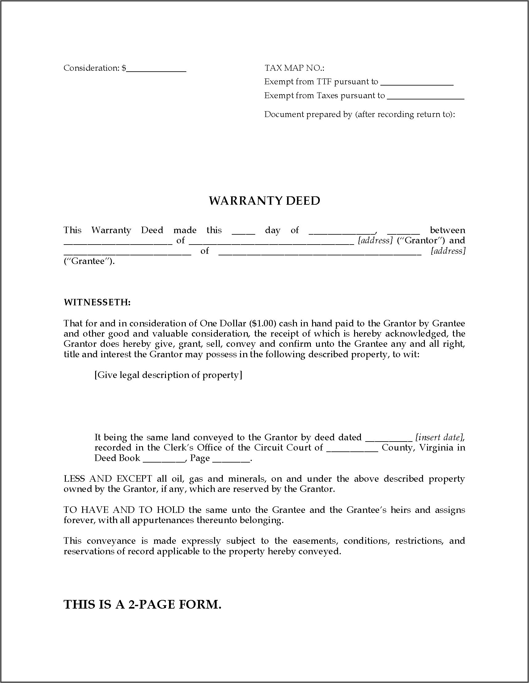 Virginia Warranty Deed Form