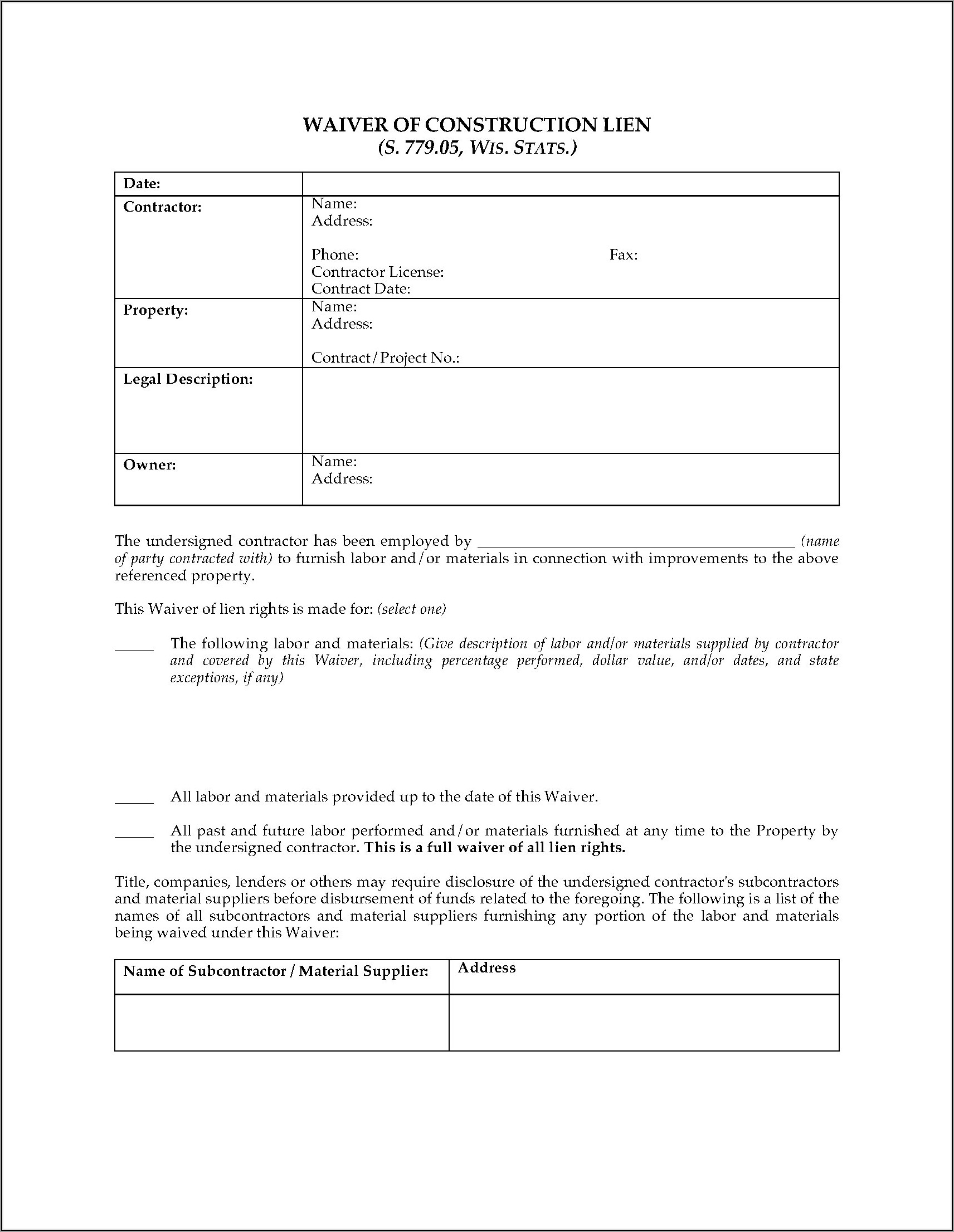 Wisconsin Construction Lien Waiver Forms Form Resume Examples 