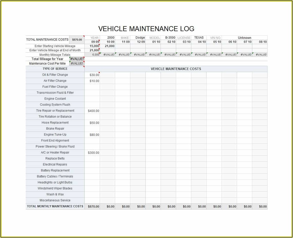 Free Fleet Vehicle Maintenance Log Template