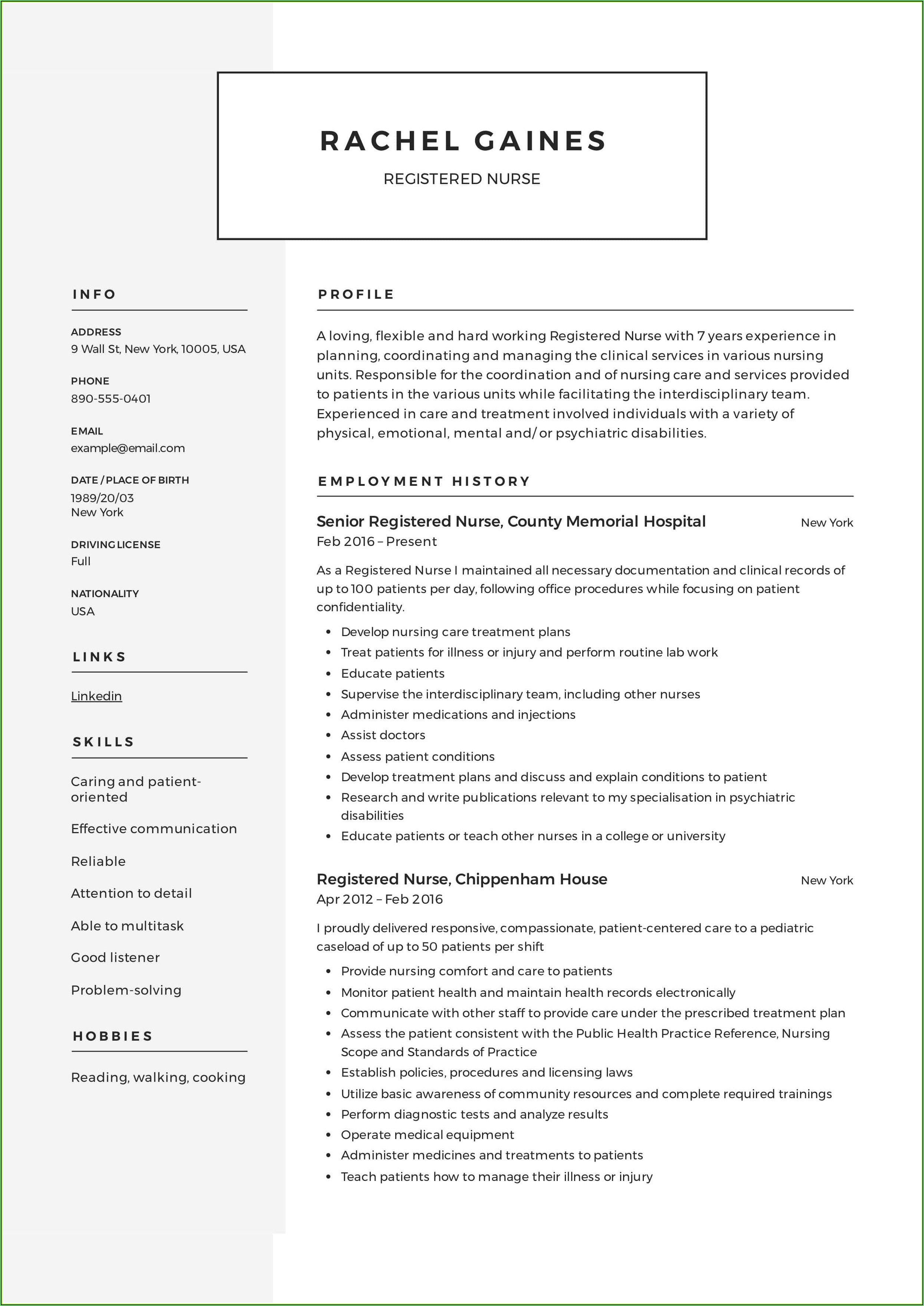 Resume Registered Nurse Sample