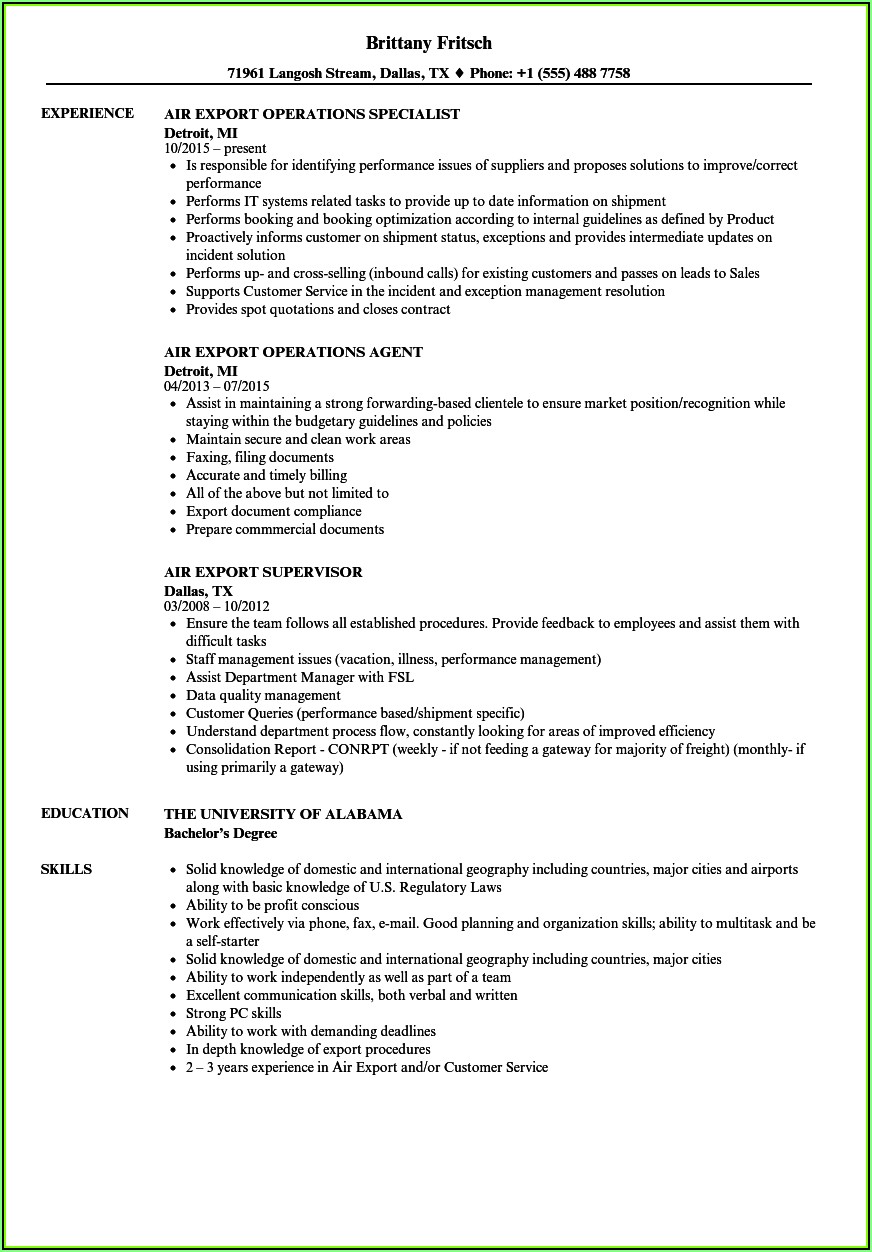 Resume Samples For Freight Forwarding Company'
