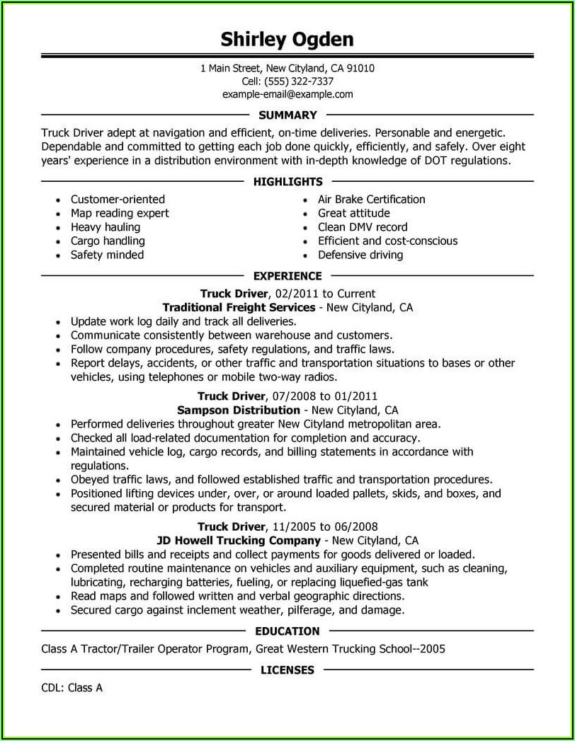 Resume Template For Truck Driving Job