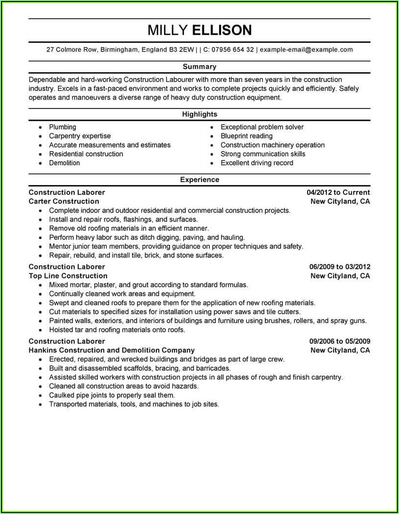 Resume Templates For Construction Workers