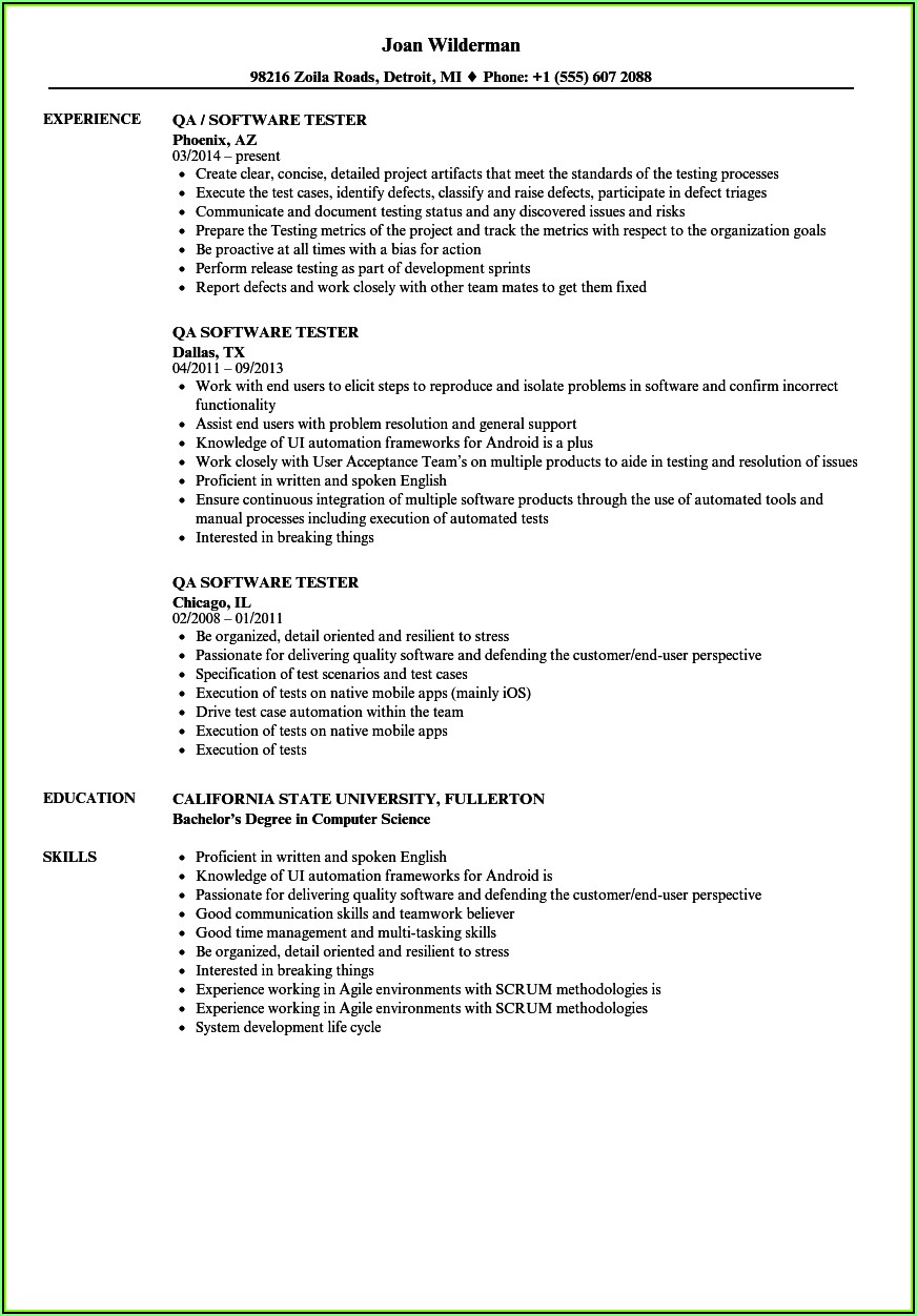 Resume Templates For Experienced Software Testing Professionals