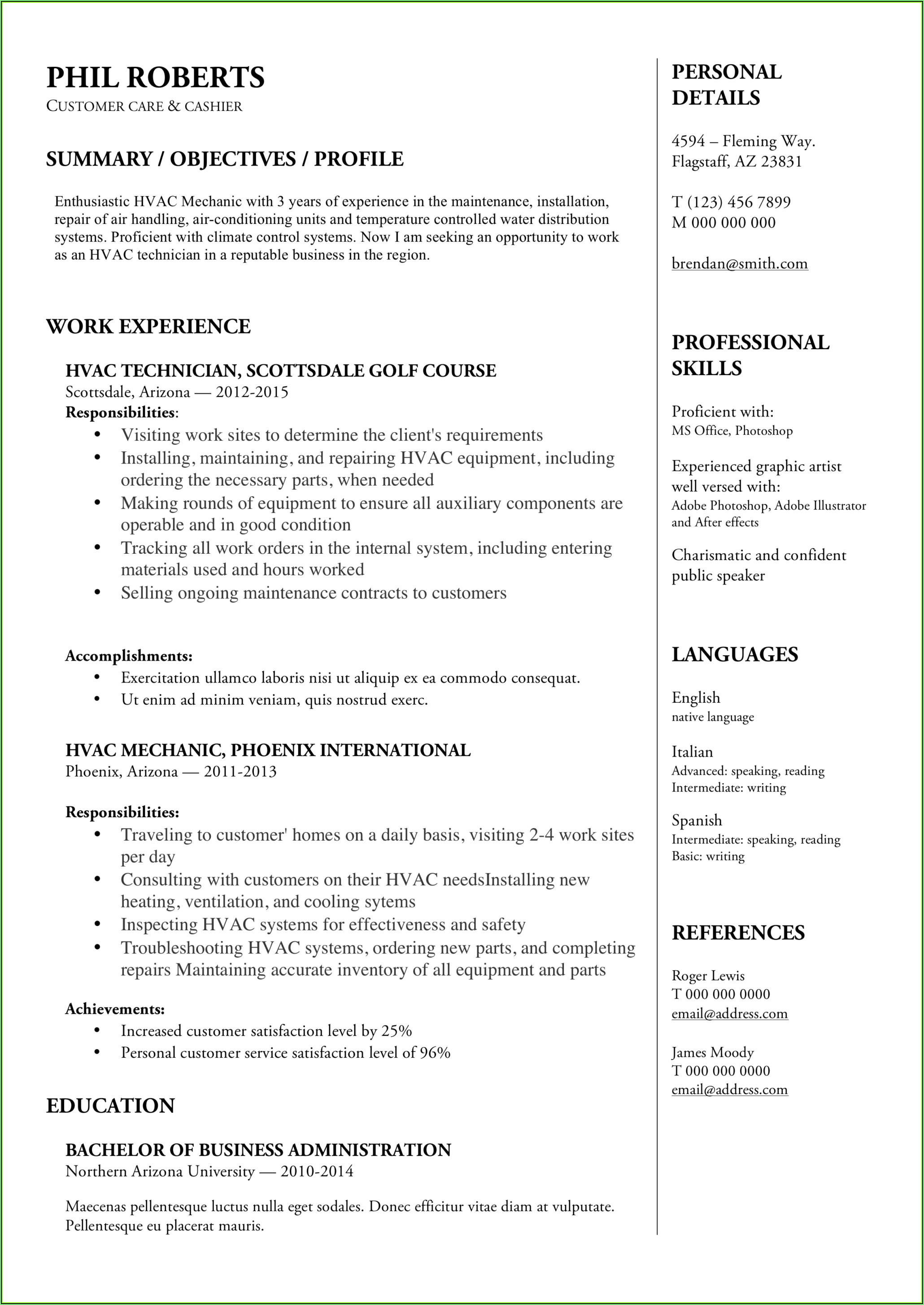 Sample Resume For Hvac Service Technician
